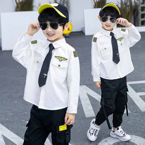 儿童机长制服男童飞行员套装中国机长宝宝带领带学生军装制服衬衫