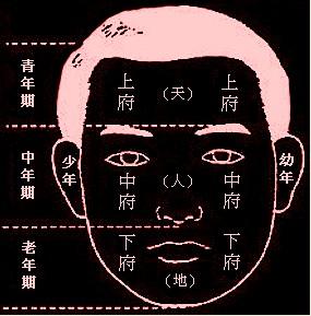 中国传统相法,把人的面相分为天地人三个部分,以象三才.